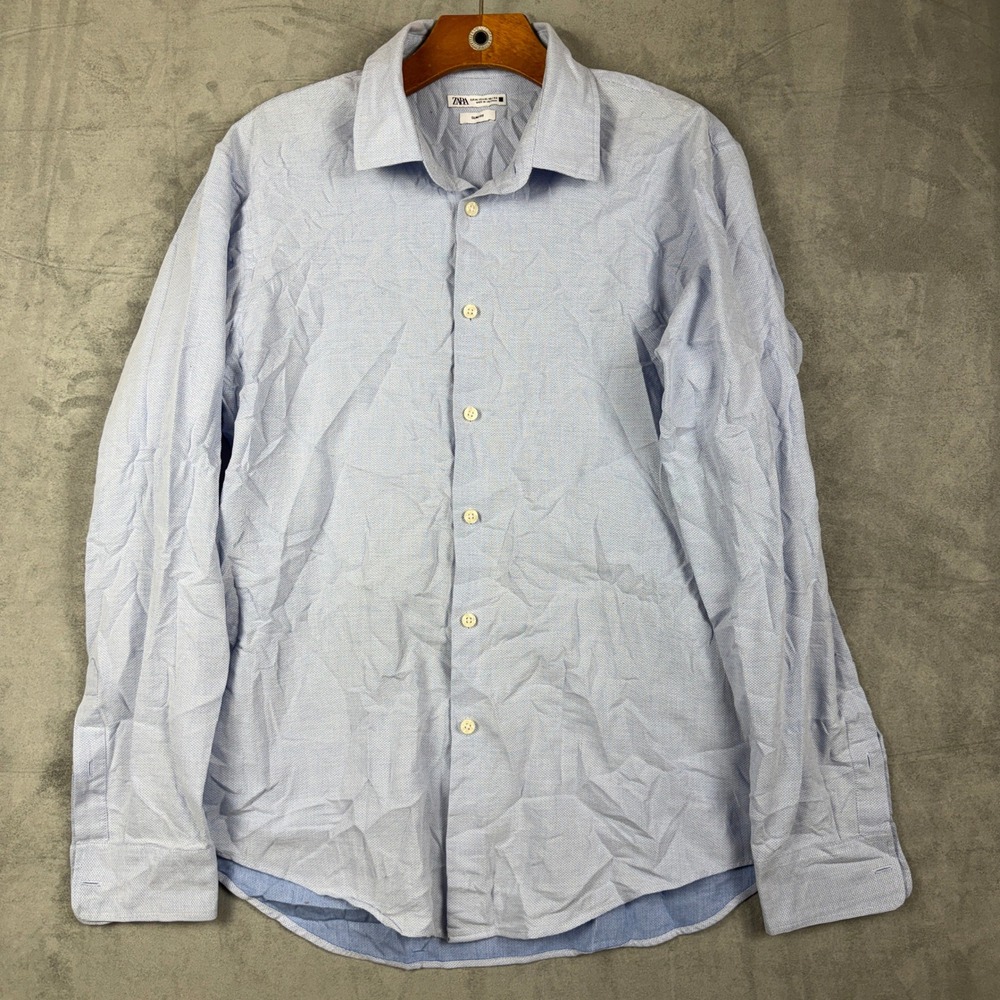 Zara Man Slim Fit Light Blue Micro‎ Pattern Long Sleeve Button Down Shirt XL